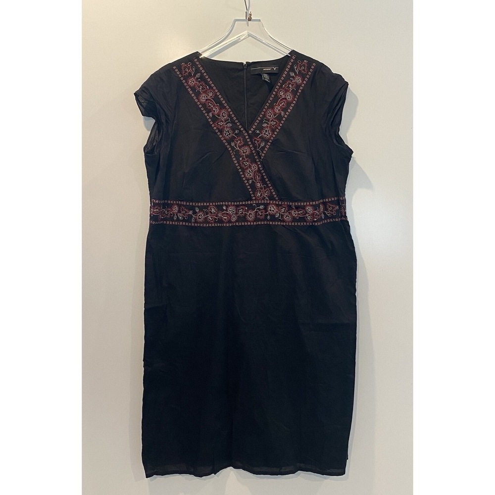 Venezia Womens Plus Size 22/24 Black Cotton Embroidered V-Neck Sheath Dress